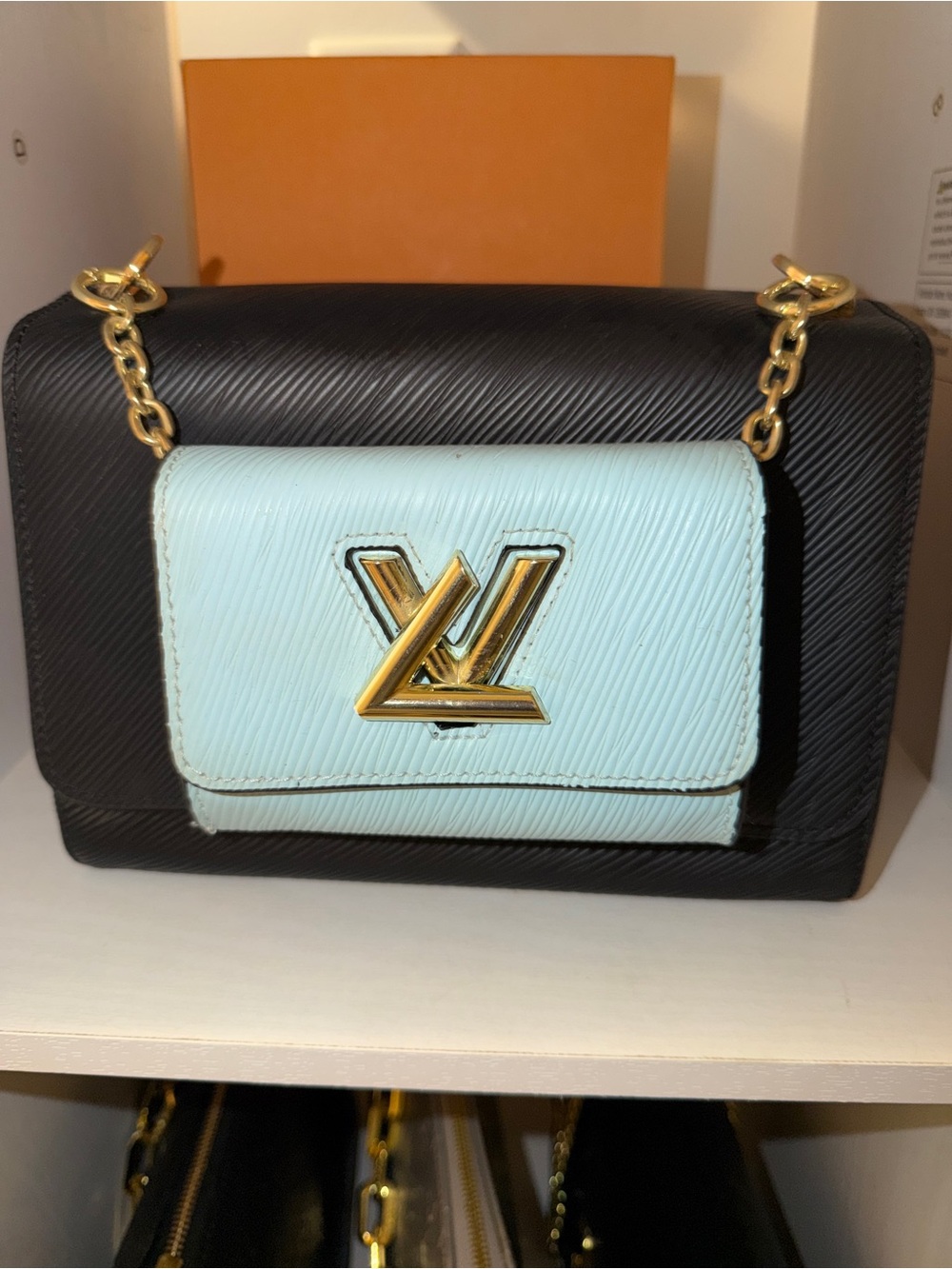 Black and w/ Light Blue wallet Chain Shoulder Bag with Gold Hardware